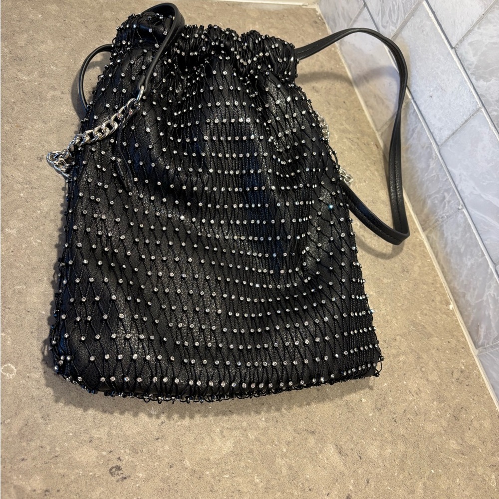 Zara net rhinestone chain drawstring clutch bucket bag purse